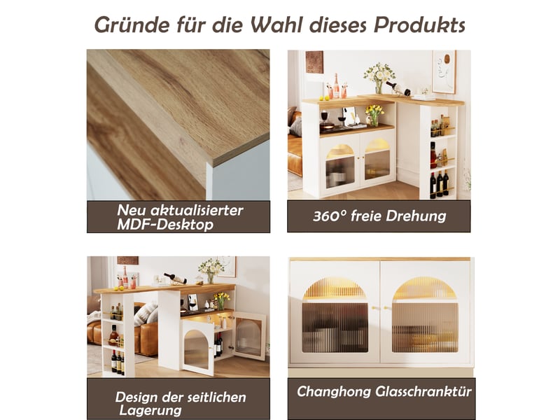  Ilot cuisine, buffet de cuisine avec rangements intégrés, plateau extensible, pivotant à 360°, dimensions 138 à 193 x 39 x 105 cm, mdf, blanc  - Conforama E