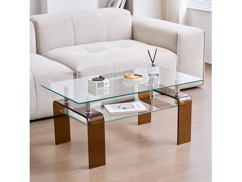  Table basse 100x55x45 cm en verre trempé transparent, pieds bruns  - Conforama B