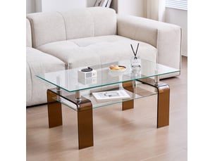 Table basse 100x55x45 cm en verre trempé transparent, pieds bruns