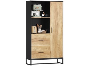 Buffet de cuisine moderne avec 2 tiroirs, 2 étagères et un placard, 88 x 35 x 160 cm, bois et noir