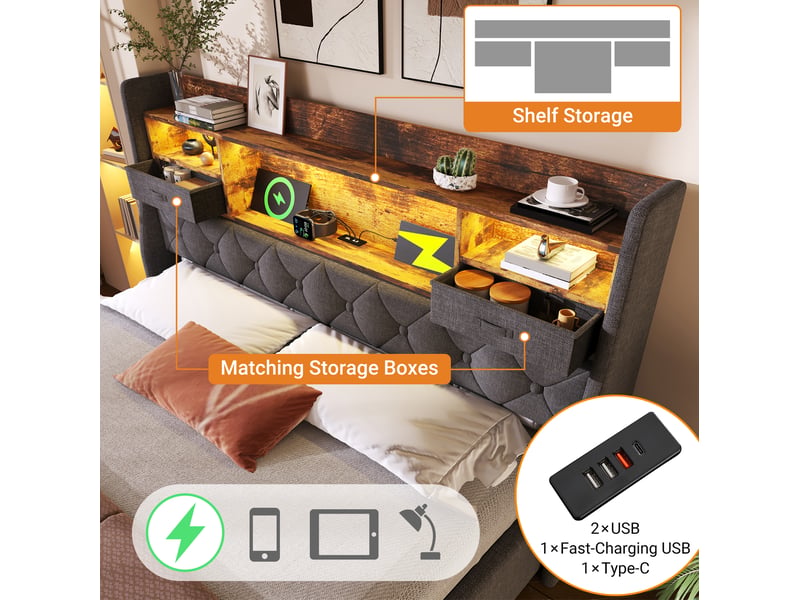  Lit coffre 140 × 200 cm 2 places avec led réglable, usb, type-c, rangement hydraulique et matelas inclus, en lin gris  - Conforama E