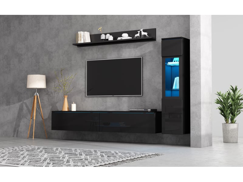  Ensemble meuble tv mural 3 pièces noir avec led rgb, pour téléviseur jusqu’à 80 pouces  - Conforama C