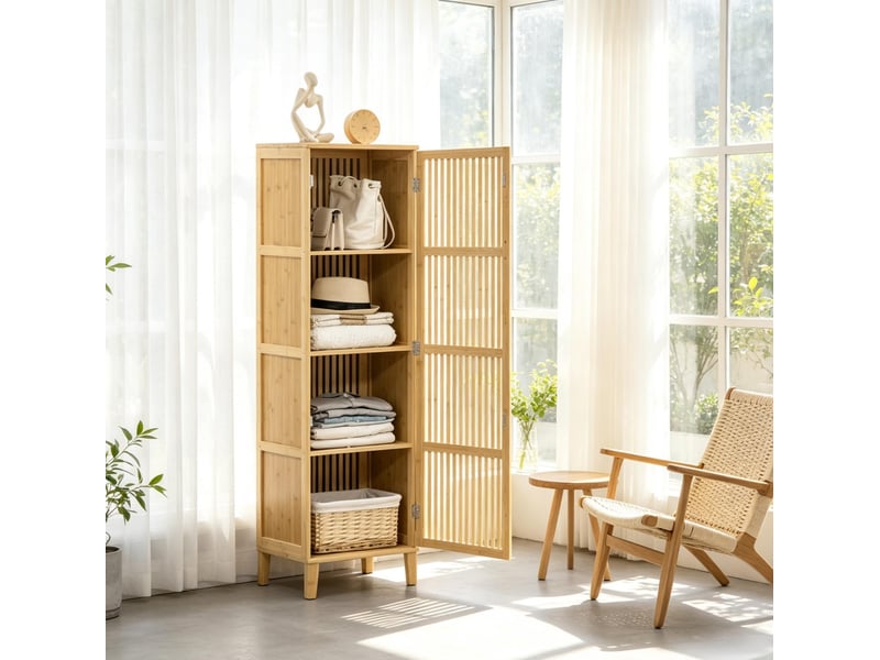  Armoire de rangement haute avec porte à lamelles et 4 étagères en bambou naturel pour salle de bain 40 × 30 × 140 cm  - Conforama D