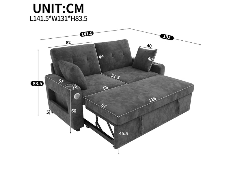  Canapé convertible 2 places avec led, ports usb et type-c, rangements et porte-gobelets en chenille gris  - Conforama C