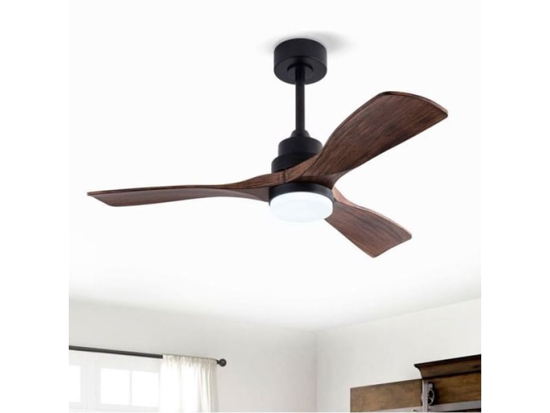  Ventilateur plafond 107 cm avec éclairage - télécommande 6 vitesses, moteur cc réversible - noir et noyer foncé  - Conforama B