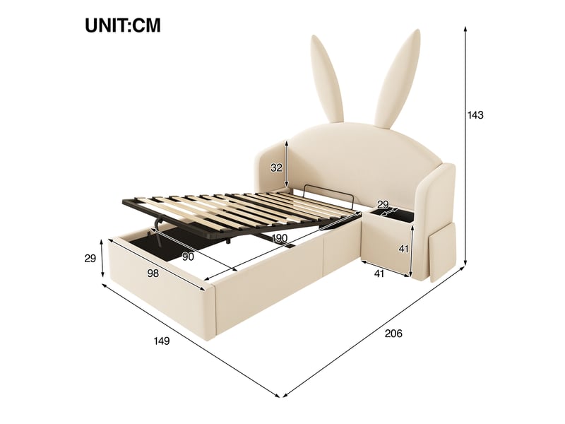  Modenvie lit enfant capitonné 90x190 cm - rangement hydraulique, table de chevet reversible, sans matelas - beige  - Conforama C