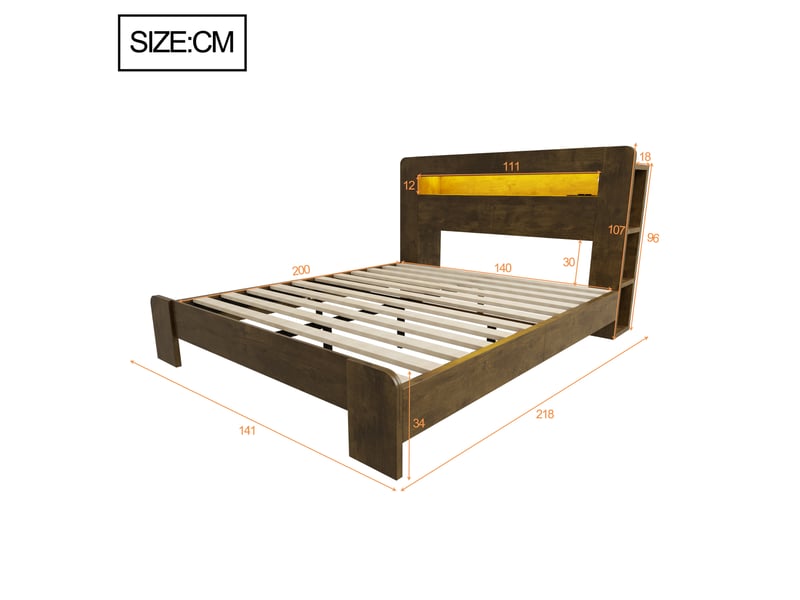  Cadre de lit en bois avec espace de rangement dans la tête de lit, éclairage led, prises intégrées, lit plateforme moderne en bois vintage 140 x 200 cm  - Conforama C