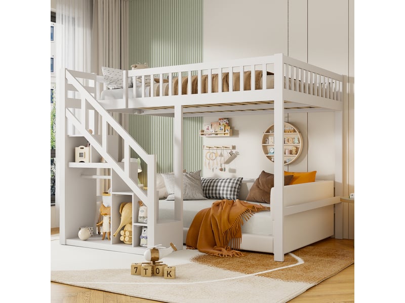  Lit mezzanine 2 places,lit mezzanine 140x200,lit superpose,lit mezzanine escalier,lit enfant escalier avec placard de rangement,bois massif,blanc  - Conforama B