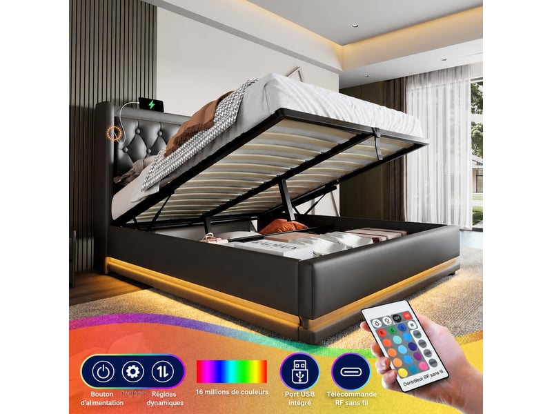  Lit coffre hydraulique 140x200 cm, noir en pu, tête capitonnée, led et usb-c  - Conforama E
