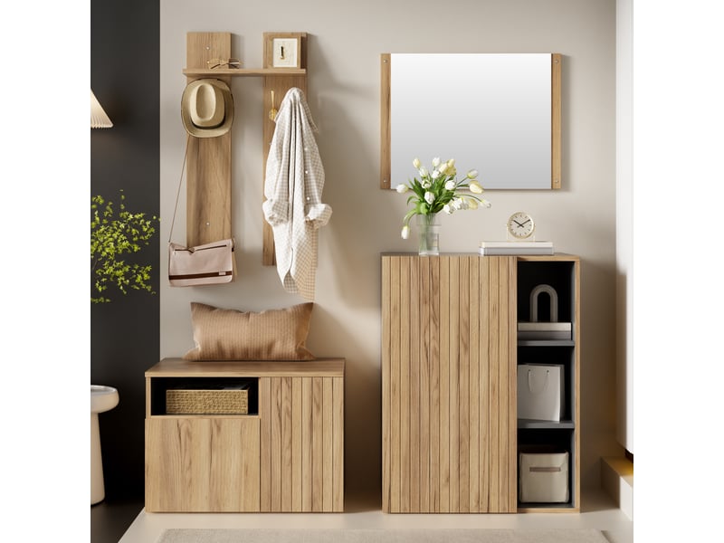  Porte-manteau - ensemble d'entrée 4 en 1 avec miroir, meuble à chaussures, 120 x 35 x 123 cm, noir+naturel  - Conforama R