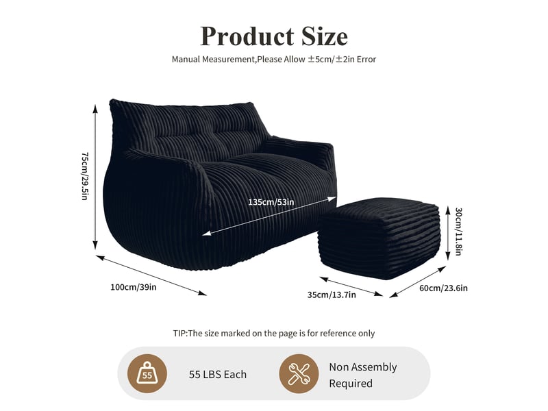  Fauteuil poire double,135x100x75 cm,avec repose-pieds,fausse fourrure,noire  - Conforama C
