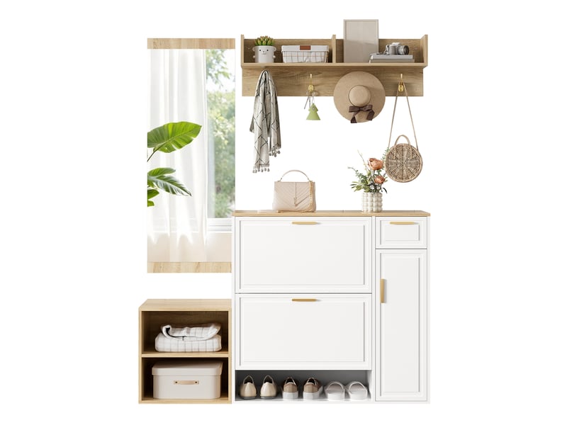  Meubles d'entrée avec meuble à chaussures, banc, patère et miroir pour entrée en bois blanc et naturel 139,5 × 35 × 166 cm  - Conforama A