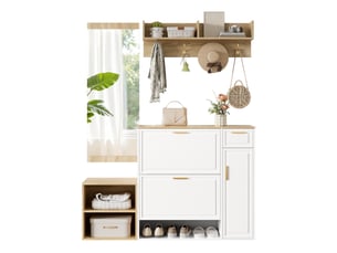 Meubles d'entrée avec meuble à chaussures, banc, patère et miroir pour entrée en bois blanc et naturel 139,5 × 35 × 166 cm
