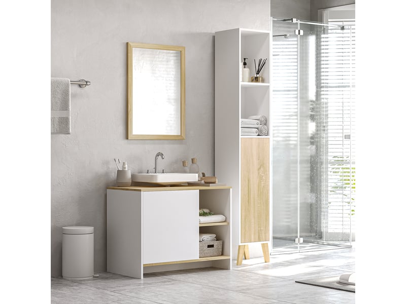 Meuble sous lavabo blanc et bois avec porte et 2 niches, 77 x 45 x 60 cm  - Conforama C