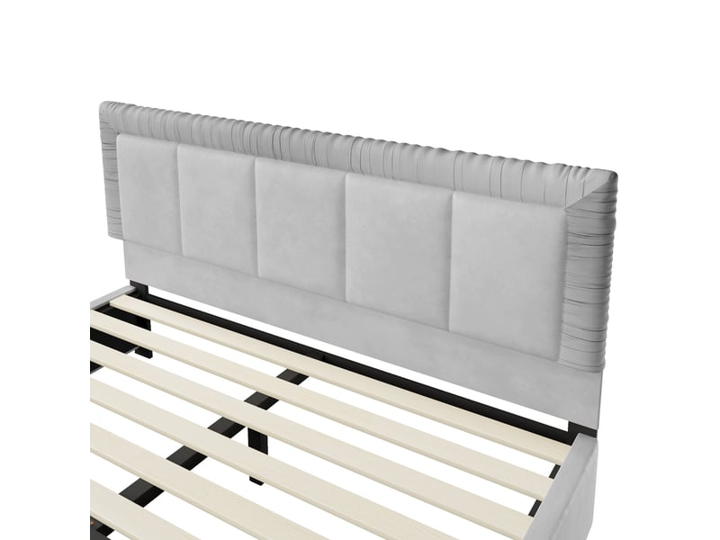  Lit rembourré 180 x 200 cm en velours français, avec deux tiroirs de rangement et surpiqûres verticales décoratives, coloris gris  - Conforama E