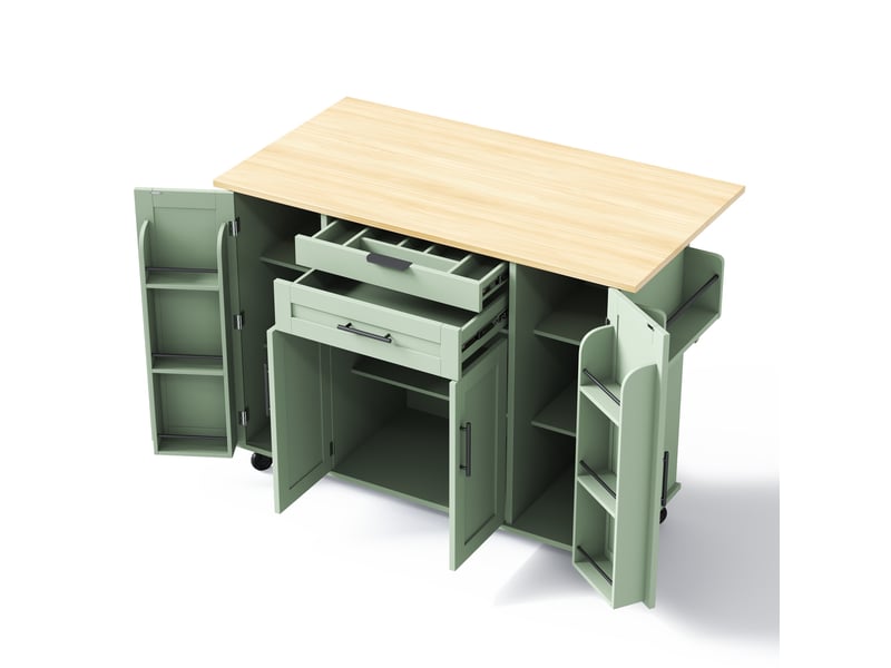  Îlot de cuisine sur roulettes vert antique, desserte avec plan de travail extensible, tiroir à couverts, 136x70x92 cm  - Conforama R