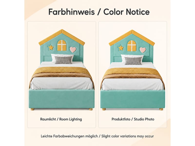  Lit cabane enfant bleu et vert 90 × 200 cm en velours, avec 4 tiroirs, charge maximale 150 kg, structure rembourrée  - Conforama C