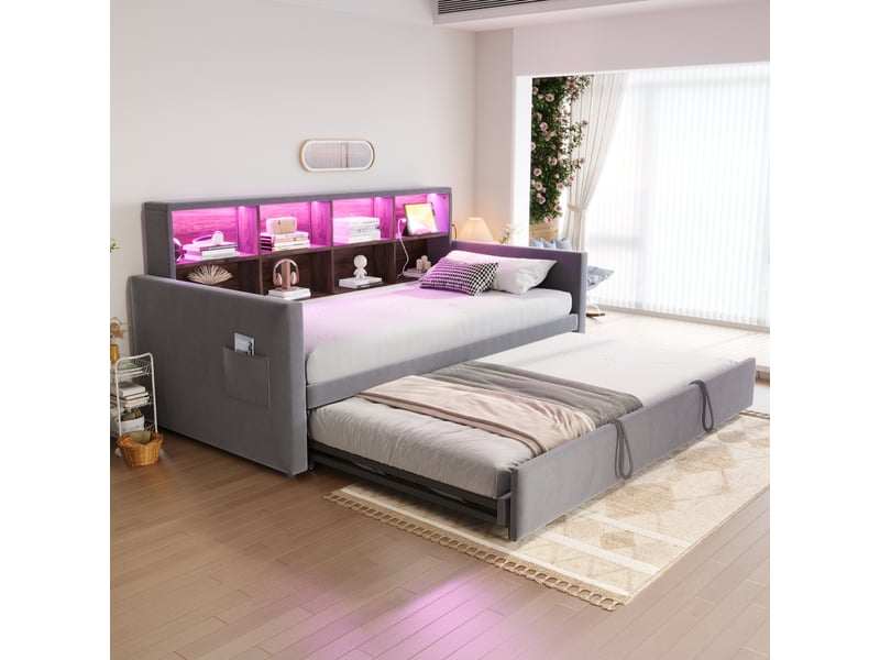  Lit banquette extensible 90180 x 190 cm gris foncé en velours avec tête de lit rangement, led, prises usb type-c et poches latérales  - Conforama B