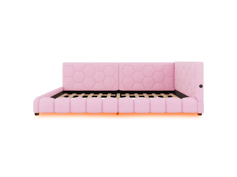  Canapé-lit 140x200 cm rose, tissu polaire, sommier à lattes, led 16 couleurs, ports usb-c  - Conforama E