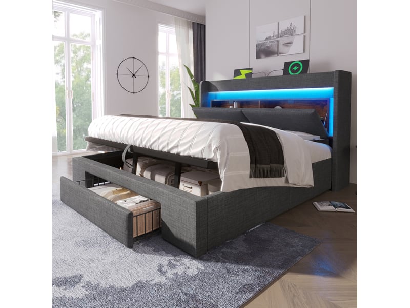  Lit coffre 160x200 cm gris en lin avec tête de lit led, rangements, usb et usb-c  - Conforama D