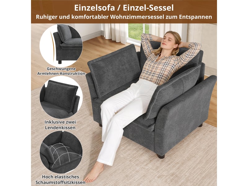  Canapé 1 place en chenille gris avec accoudoirs rembourrés, coussins inclus et led intégrée pour salon  - Conforama R