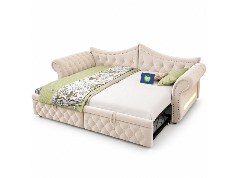  Canapé-lit convertible 90x200 cm avec lit extensible 180 cm, led et usb, banquette en velours avec détails cloutés - beige  - Conforama A