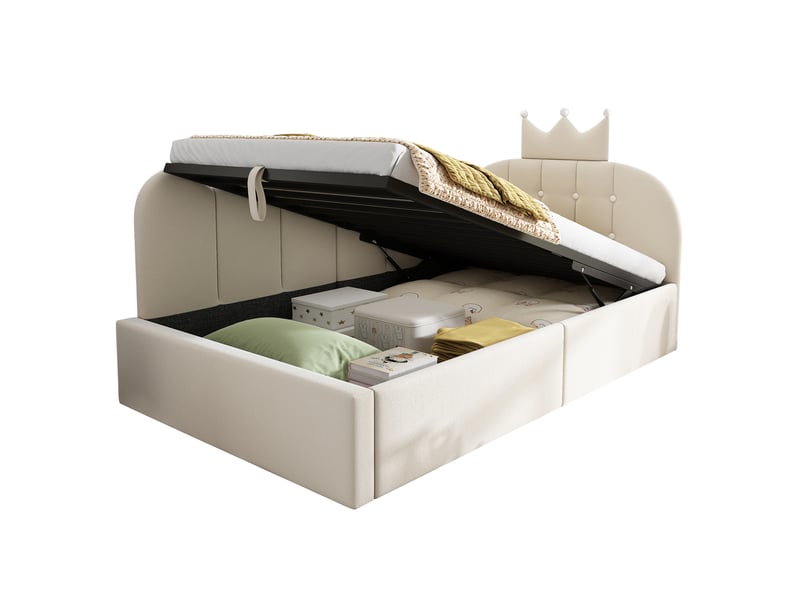  Lit banquette coffre beige 90x200 cm en velours, sommier hydraulique, dossier couronne quadrillé en l réversible  - Conforama D