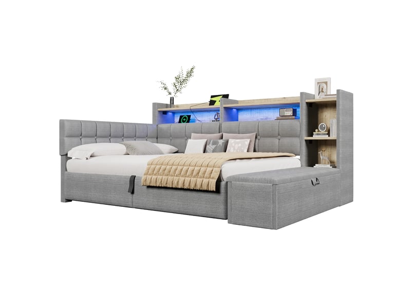  Lit coffre hydraulique 140x200 cm avec led multicolore, usb et usb-c et banc coffre, velours gris, sans matelas  - Conforama A