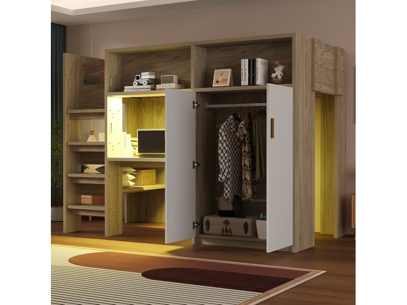 Lit mezzanine 90x200 cm avec bureau, armoire, rangements et sommier à lattes - Conforama D