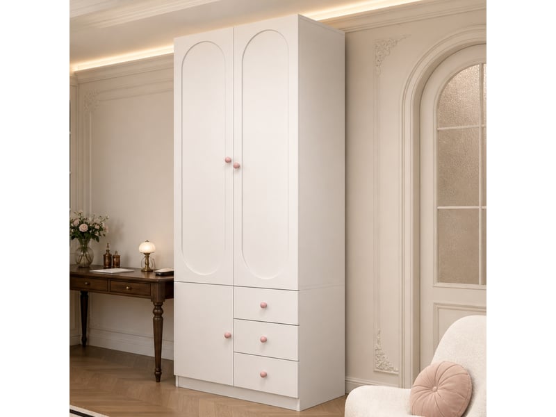  Armoire enfant avec 2 portes, 3 tiroirs, penderie et étagères pour chambre, en mdf blanc, 80 × 50 × 200 cm  - Conforama C