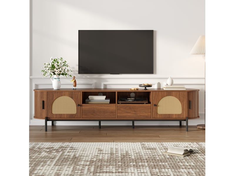  Meuble tv ovale 200x40x49,5 cm – noyer – rangement avec portes coulissantes et tiroirs pour salon  - Conforama B