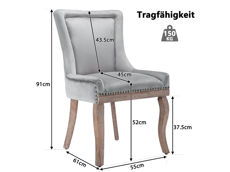 Ensemble de 4 chaises de repas en velours gris, piètement en bois massif et détails cloutés pour cuisine et séjour  - Conforama C