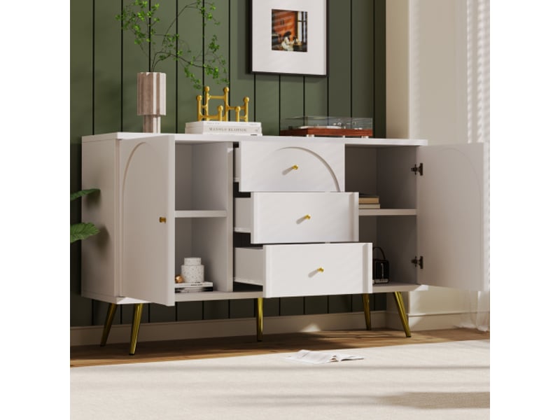  Commode 2 portes et 3 tiroirs avec étagère réglable - beauniv - pour chambre et salon, bois et métal, blanc crème, 140×40×84 cm  - Conforama E