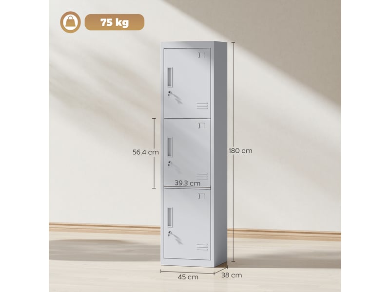  Armoire de bureau en acier avec 3 portes indépendantes, serrure et 2 clés, 45 x 38 x 180 cm, gris clair  - Conforama E