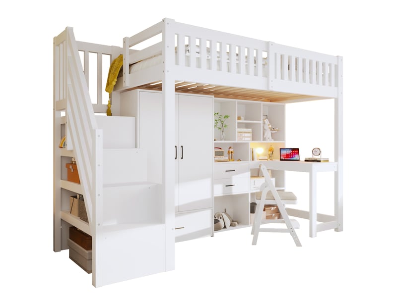  Lit mezzanine enfant 90 x 200 cm blanc avec bureau, armoire et rangements  - Conforama A