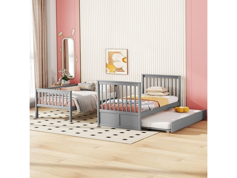 Lit superposé triple 90x200 cm avec tiroir, échelle et barrière, gris - Conforama D