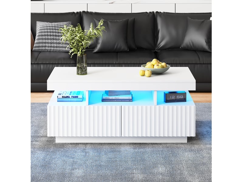  Table basse 100x50x45 cm blanche avec 2 tiroirs et éclairage led  - Conforama B