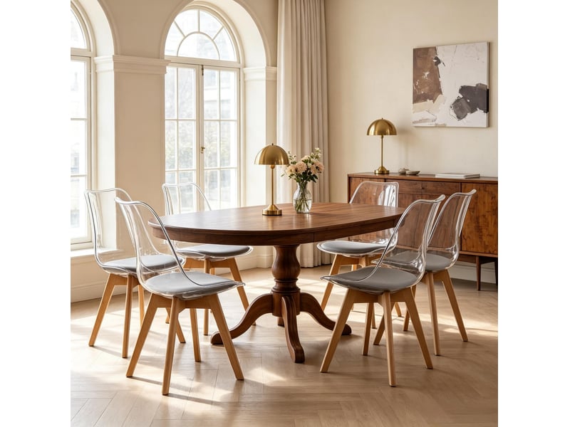  Lot de 6 chaises de salle à manger 42x42x83 cm – gris – assise en simili cuir, pieds en bois et coque plastique  - Conforama B
