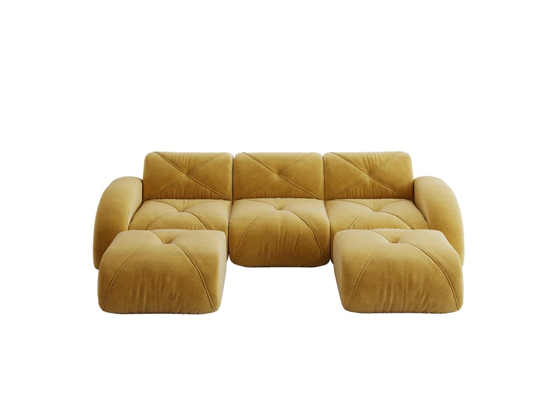  Canapé modulable 3 places en u avec rangement intégré et 2 poufs, revêtement chenille jaune, design sans dossier  - Conforama A