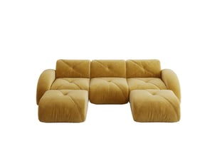 Canapé modulable 3 places en u avec rangement intégré et 2 poufs, revêtement chenille jaune, design sans dossier