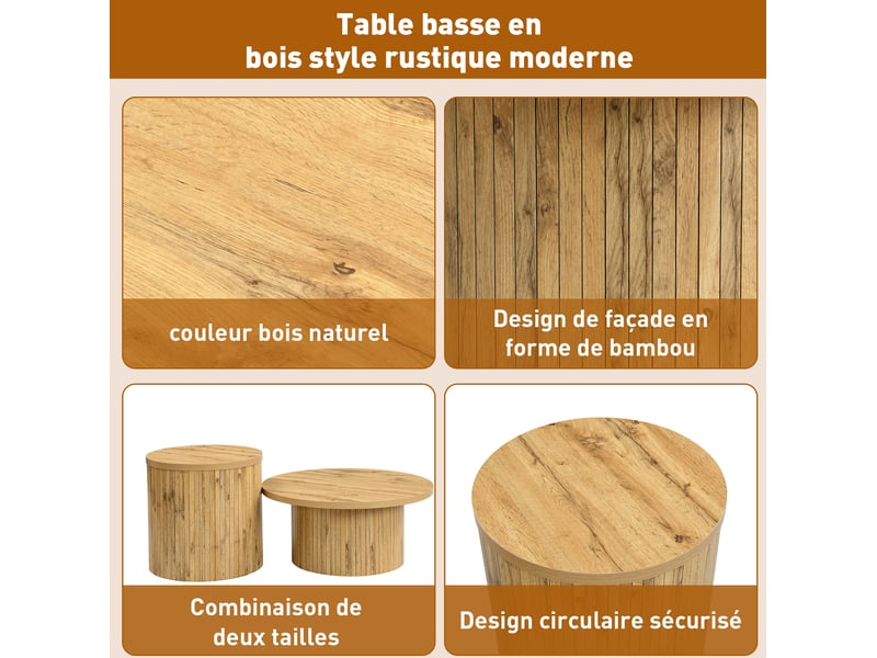  Table basse gigogne ronde 75x75x36+50x50x50,5 cm, table d'appoint, style moderne, pour le salon, mdf, couleur naturel  - Conforama E