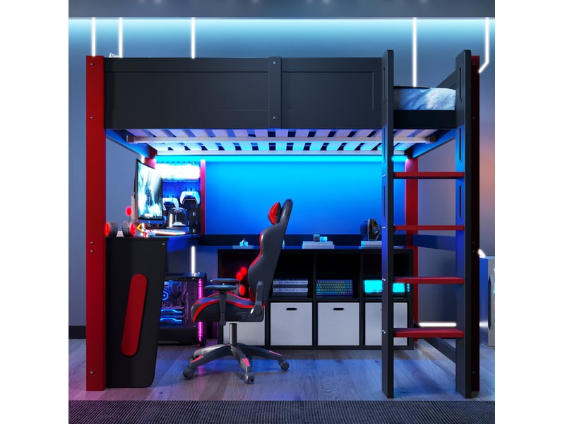  Lit mezzanine 140x200 cm avec bureau et led, coloris noir et rouge  - Conforama D
