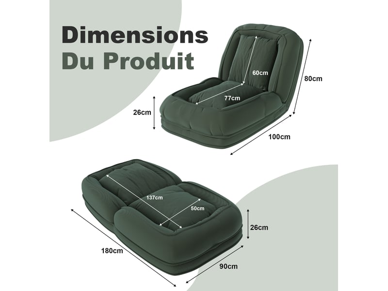 Canapé-lit pliable, avec 5 positions réglables, gain de place, à usage multifonction, structure en métal, couleur vert  - Conforama C