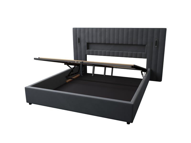 Lit 180x200 cm en velours avec rangement, led et ports usb gris foncé et gris chicfurn - Conforama W