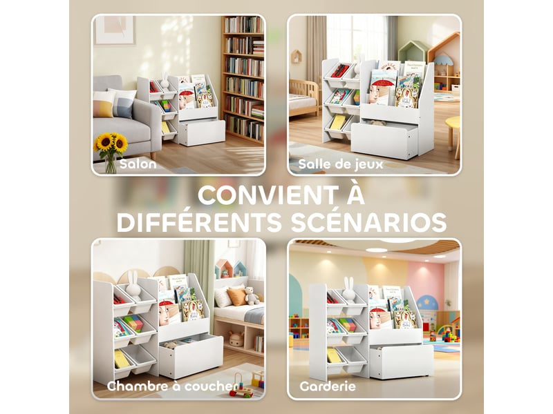  Meuble rangement enfant rangement jouet enfant 6 bacs amovibles et grand coffre à roulettes blanc 100 x 30 x 80 cm  - Conforama R