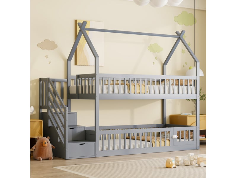 Lit superposé enfant 90x200 cm avec toit, escalier à tiroirs et barrières gris - Conforama D