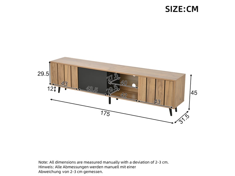  Meuble tv 175 x 31,5 x 45 cm – naturel et noir – 3 portes, rangement central en verre, pour tv jusqu’à 75 pouces  - Conforama C