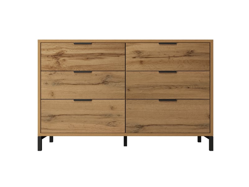  Commode à 6 tiroirs, 120 x 40 x 76 cm, finition effet bois, avec pieds réglables, poignées noires, coloris chêne foncé  - Conforama A
