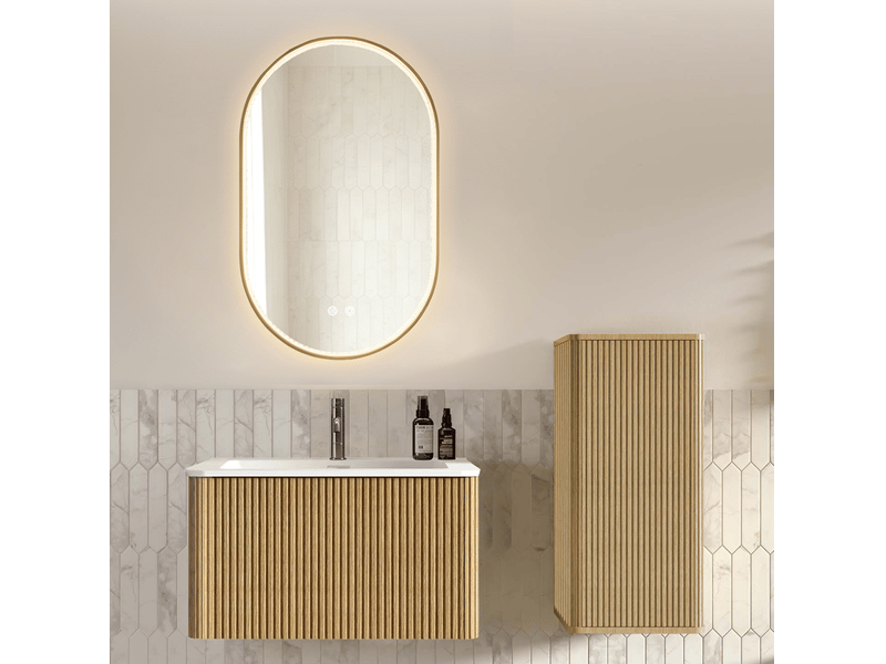  Meuble de salle de bains suspendu 80 cm avec vasque, colonne et miroir led réglable, finition bois clair moderne  - Conforama B