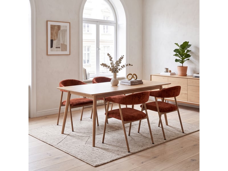 Chaises de salle à manger lot de 4 rembourrée en chenille, pieds en métal effet bois, rouge - Conforama C